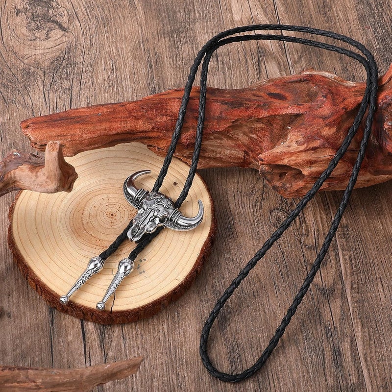 ElevateTech Bolo Tie for Men Rodeo Cowboy Leather Necktie Western Necklace Silver Bolo Necktie Cow Skull Cowboy Tie Halloween Costume Accessories Christmas Gift Men Women - Image 3